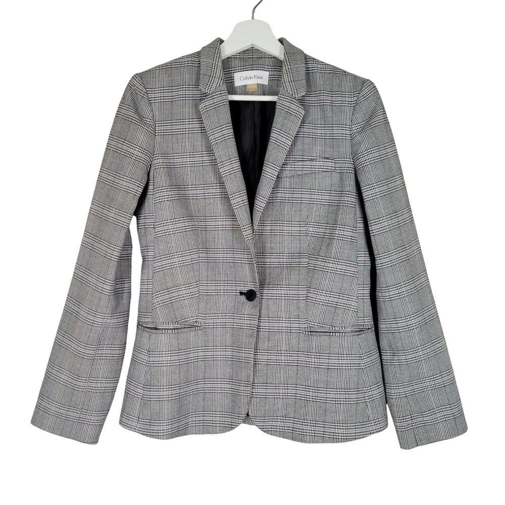 Calvin Klein Blazer Women 4 Grey Glen Plaid Single Button Tailored Jacket